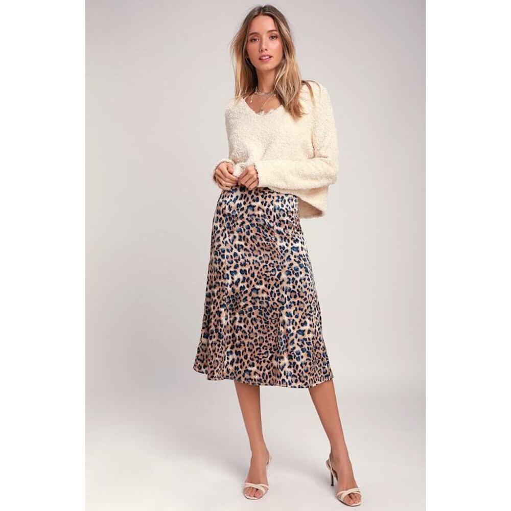Lulus Global Icon Tan And Navy Blue Leopard Print Satin Midi Skirt - Size M